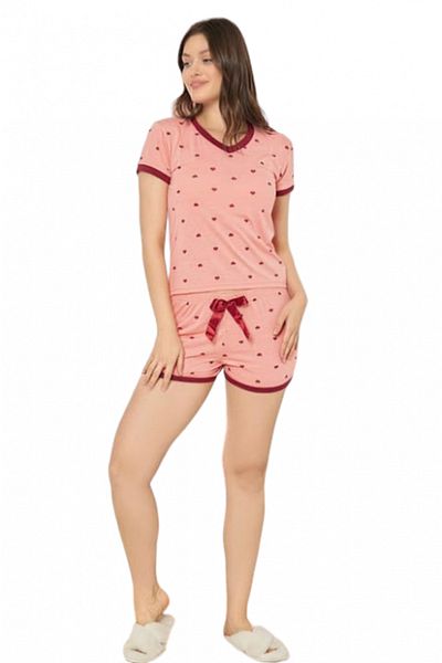 NİCE MOOD Women's Pajama Set - T-Shirt and Shorts, Cotton, Pink with Hearts