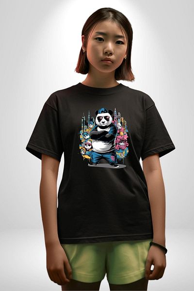 Angemiel  Panda Hip-Hop Cool Panda Black Oversize Women Men Front Printed T-Shirt