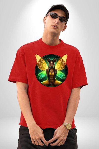 Angemiel Summer Neon Yellow-Green Women's Angel Red Oversize Women's Men's Front Printed T-Shirt