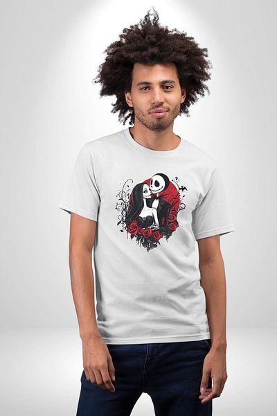 Angemiel تي شيرت مطبوع من الأمام للرجال والنساء ذو ​​حجم كبير من Jack & Sally White بطابع الرعب والرومانسية