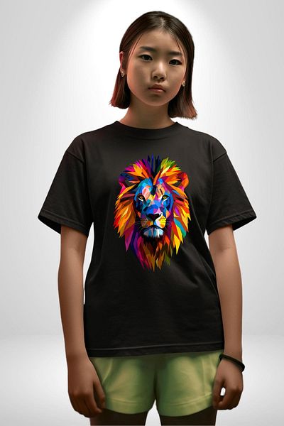 Angemiel Pop Art Lion Courage Themed Black Oversize Women's Men's Front Printed T-Shirt