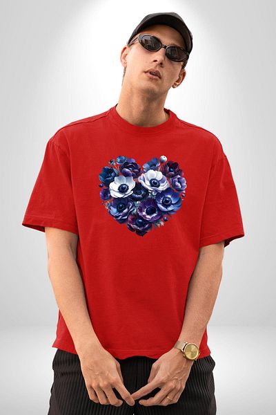 Angemiel Anemone Flower Blue and Purple Heart Flower Patterned Red Oversize Women's Men's Front Printed T-Shirt