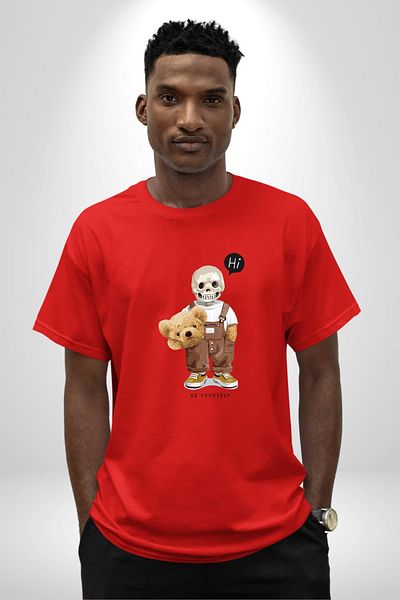 Angemiel Be Yourself Printed Skull Bear Teddy Red Oversize Women's Men's Front Printed T-Shirt