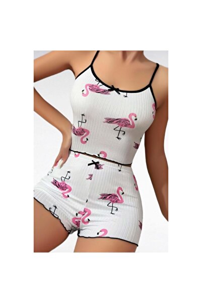 MİRALİVE طقم بيجامة قطنية بيضاء بنمط بيليكان مع شورت بحزام