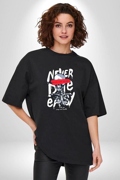 Angemiel Never Die Motivational Message and Creative Design Black Oversize Women's Men's Front Printed T-Shirt