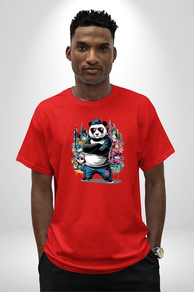 Angemiel  Panda Hip-Hop Cool Panda Red Oversize Women's Men's Front Printed T-Shirt