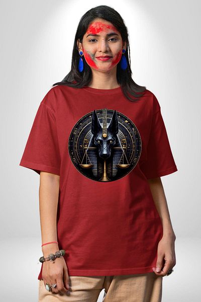 Angemiel Anubis Guardian of the Land of the Dead Justice Egypt Red Oversize Women's Men's Front Printed T-Shirt