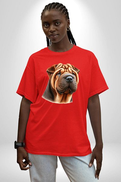 Angemiel Wrinkled Skin Shar Pei Dog Red Oversize Women's Men's Front Printed T-Shirt