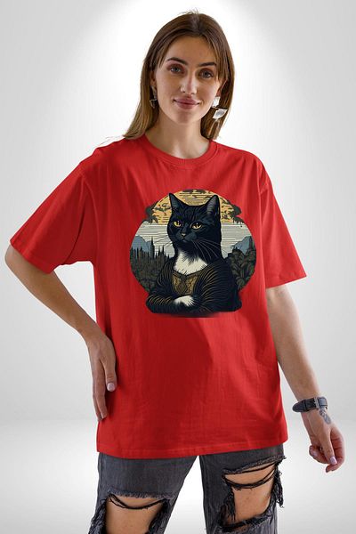 Angemiel Mona Lisa Imitation Cat Design Red Oversize Women's Men's Front Printed T-Shirt