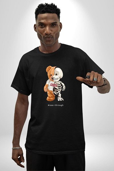 Angemiel Bear Teddy Show Your Real Face Skeleton Black Oversize Women Men Front Printed T-Shirt