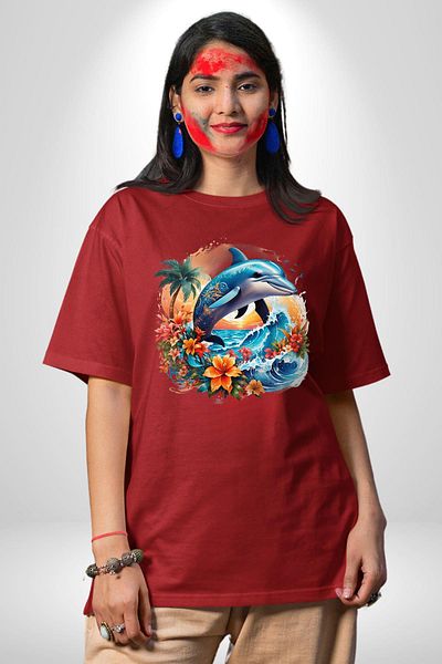 Angemiel Summer Spirit Floral Dolphin Themed Red Oversize Women's Men's Front Printed T-Shirt