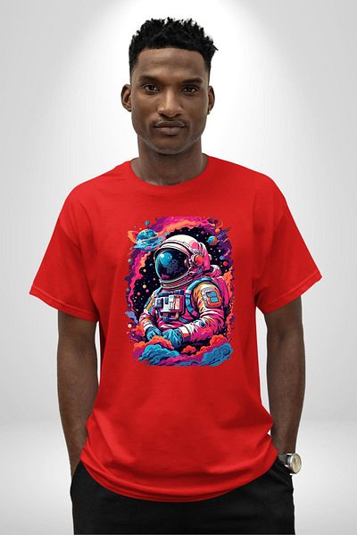 Angemiel Colorful Galaxy Astronaut Space and Loneliness Red Oversize Women's Men's Front Printed T-Shirt