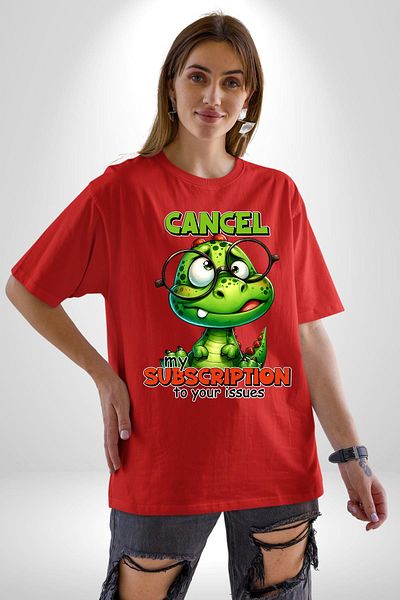 Angemiel Red Oversize Women's Men's Front Printed T-Shirt with Dinosaur Subscription Cancellation Written