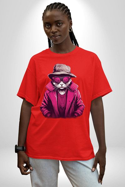 Angemiel Pink Accessory Glasses Cat Red Oversize Women's Men's Front Printed T-Shirt