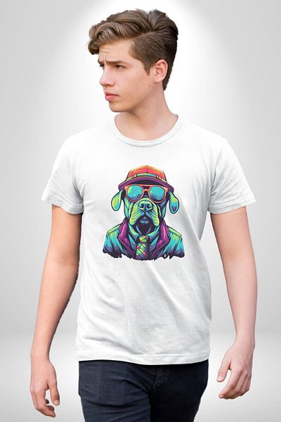 Angemiel Neon Glasses Colorful Style Dog White Oversize Women's Men's Front Printed T-Shirt