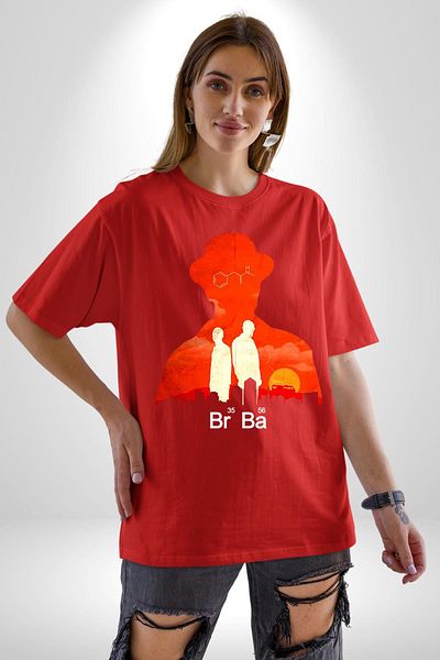 Angemiel تي شيرت Walter White Br Ba Silhouette أحمر كبير الحجم للنساء والرجال مطبوع من الأمام