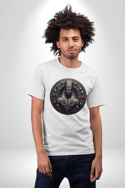 Angemiel تي شيرت Anhur Egyptian God of War and Hunting أبيض كبير الحجم للنساء والرجال مطبوع من الأمام