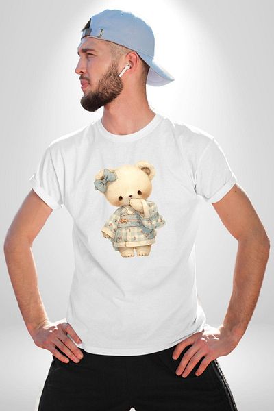 Angemiel Blue Square Patterned Teddy Bear Kawaii Style White Oversize Women's Men's Front Printed T-Shirt