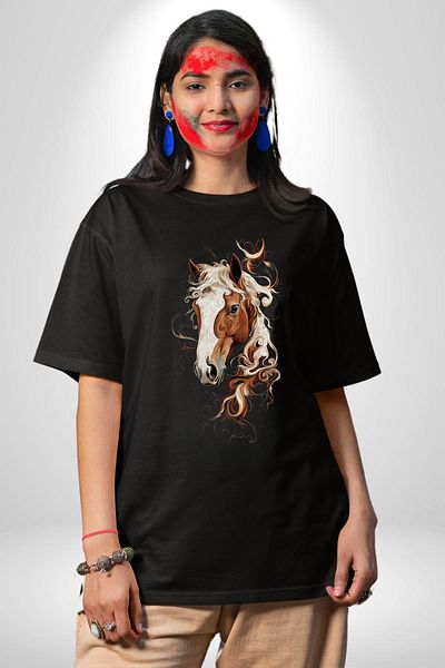 Angemiel Artistic Horse Design Black Oversize Women's Men's Front Printed T-Shirt