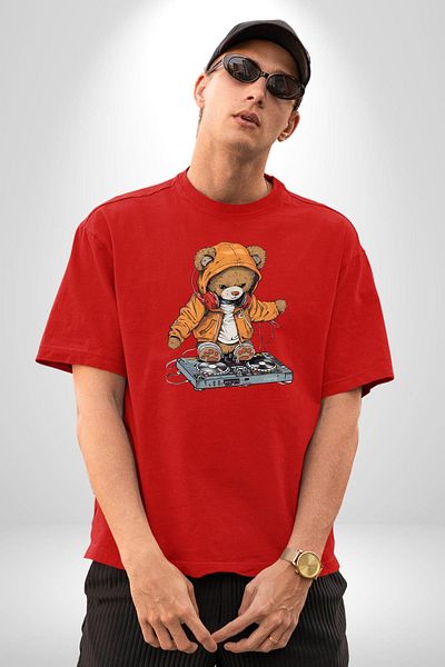 Angemiel Dj Teddy Bear Music Themed Hooded Teddy Red Oversize Women's Men's Front Printed T-Shirt