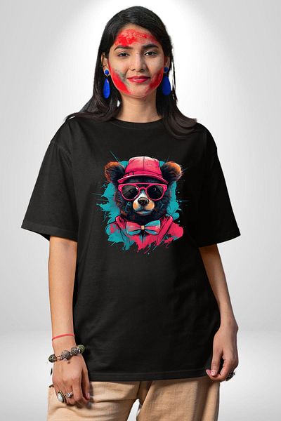 Angemiel Cool Bow Tie Bear Black Oversize Women's Men's Front Printed T-Shirt