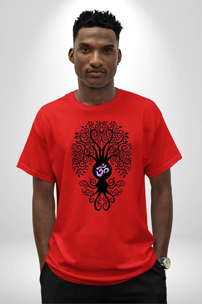 Angemiel Om Symbol and Tree of Life Yoga Red Oversize Women's Men's Front Printed T-Shirt