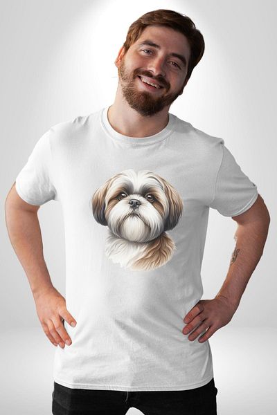 Angemiel تي شيرت مطبوع من الأمام للنساء والرجال من Cheerful Shih Tzu صغير الحجم وصديق للكلاب باللون الأبيض