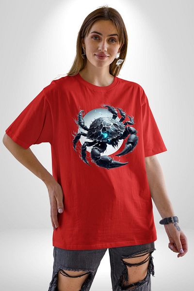 Angemiel Cancer Zodiac Sign Special Design Red Oversize Women's Men's Front Printed T-Shirt