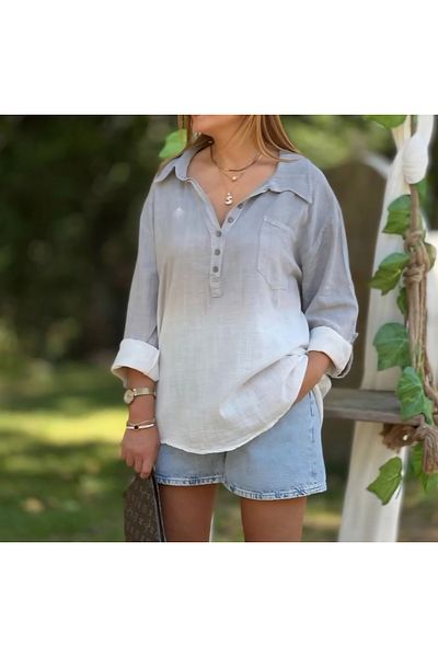 Rosidam Double Color Pocket Detailed Linen Blended Shirt