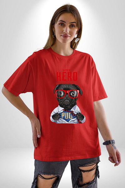 Angemiel Super Pug Hero Dog Red Oversize Women's Men's Front Printed T-Shirt
