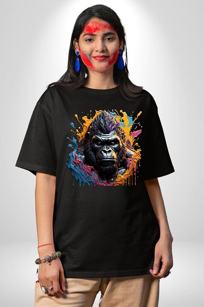 Angemiel Gorilla Design Black Oversize Women's Men's Front Printed T-Shirt with Vibrant Colors