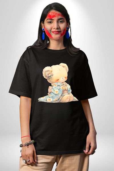 Angemiel Blue Floral Patterned Kimono Cute Teddy Bear Black Oversize Women's Men's Front Printed T-Shirt