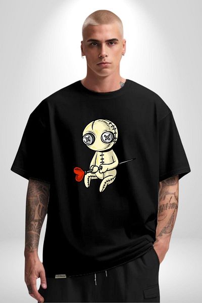 Angemiel Love and Pain Needle Voodoo Love Black Oversize Women's Men's Front Printed T-Shirt