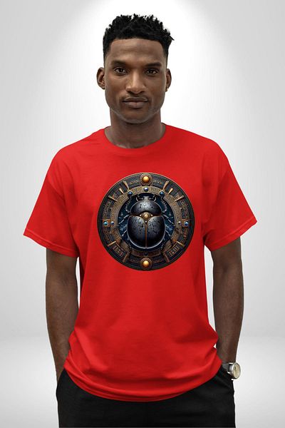 Angemiel Khepri Rebirth, Morning Sun God Egyptian Red Oversize Women's Men's Front Printed T-Shirt