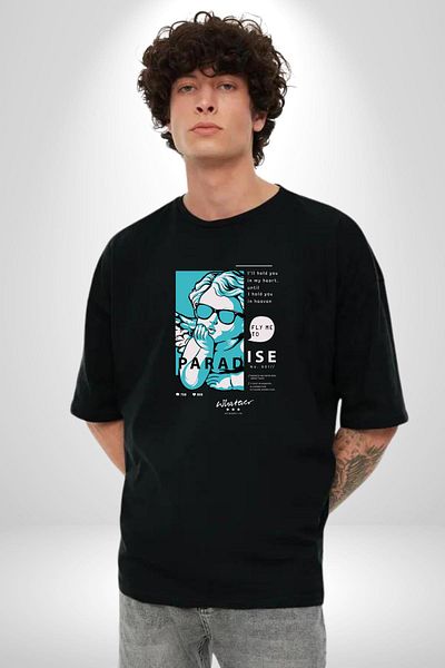 Angemiel Fly to Heaven Printed Romantic and Creative Design Black Oversize Women's Men's Front Printed T-Shirt