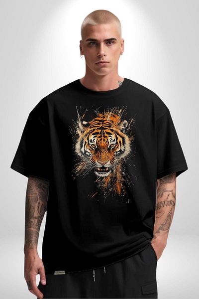 Angemiel Tiger's Fury Tiger Head Black Oversize Women's Men's Front Printed T-Shirt