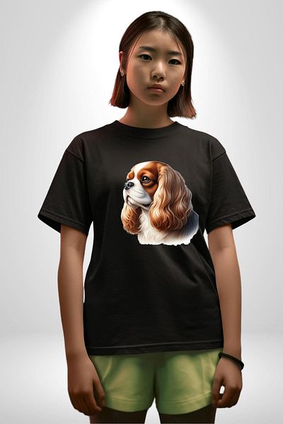 Angemiel Cavalier King Charles Spaniel Dog Design Black Oversize Women's Men's Front Printed T-Shirt