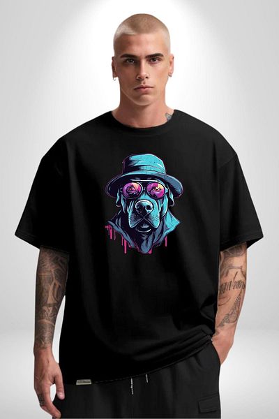 Angemiel Hard Look Hat Dog Black Oversize Women's Men's Front Printed T-Shirt