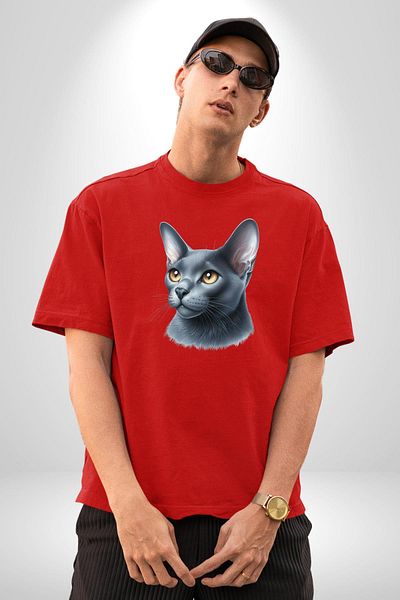 Angemiel Blue Russian Cat Red Oversize Women's Men's Front Printed T-Shirt
