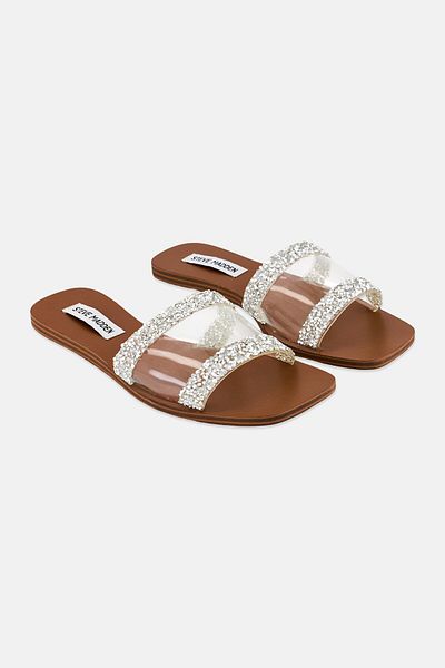 Steve Madden Women Gemi Rhine Stone Detail Slip On Flats, Transparent