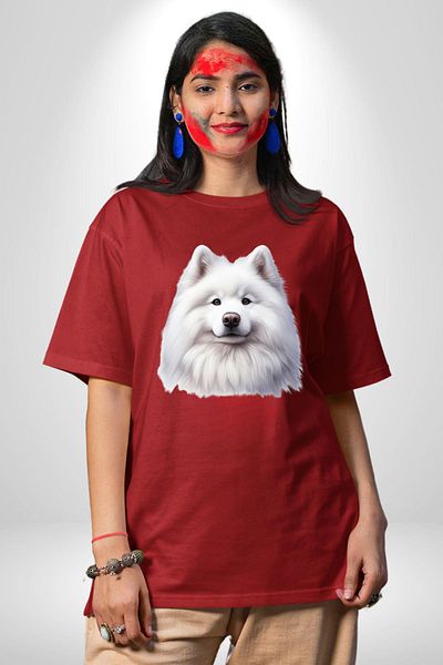 Angemiel تي شيرت مطبوع من الأمام للنساء والرجال باللون الأحمر Samoyed Dog باللون الأحمر