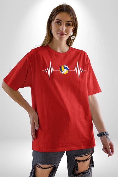 Angemiel Volleyball Heartbeat Excitement Red Oversize Women Men Front Printed T-Shirt