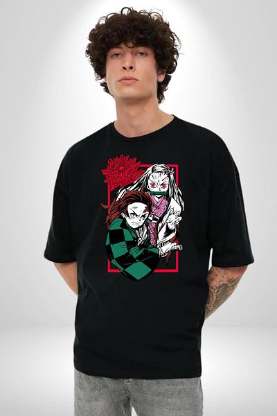 Angemiel Demon Slayer Anime Style Tanjiro and Nezuko Black Oversize Women Men Front Printed T-Shirt