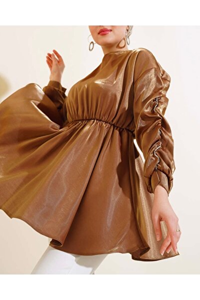 Gülşen Gök Butik Kolları Taş Detay Beli Lastikli Tunik Elbise Kahverengi