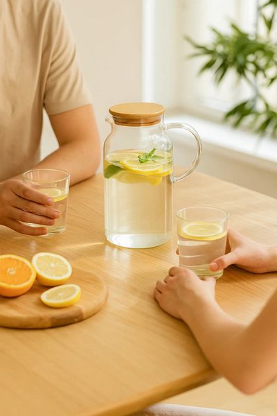 MARIA HOMES Glass Water Pitcher with Bamboo Lid – 1.3 Liter Heat-Resistant Carafe