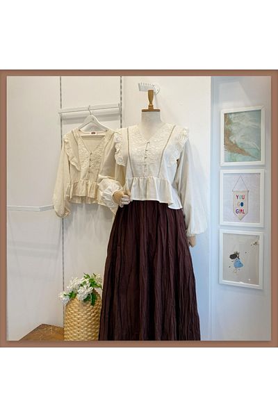 Faya Boutique Κρεμ Κεντημένο Λινό Πουκάμισο Esquer