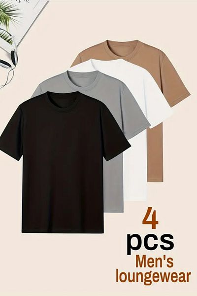 Tarz Cool Men's 4-Pack Black-Brown-White-Grey Slim Fit Slim Fit 100% Cotton Crew Neck T-Shirt