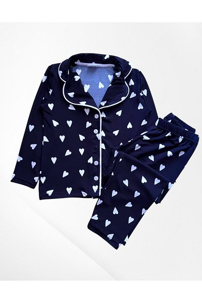 Pajama Shop Girl's Milan Fabric Lycra Navy Blue Heart Patterned White Piping Shirt Collar Buttoned Pajama Set