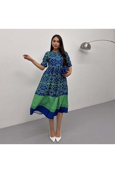 Swan Woman Green Patterned Terikoton Dress