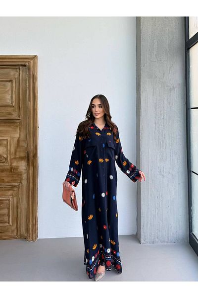PREMİER VİE Tested Eli̇ssa Pattern Navy Blue Patterned Shirt Dress